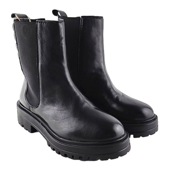 NWT Allonsi Women's Chelsea Boots Black Leather Chunky Lug Sole Pull On Size 6 - Picture 3 of 14